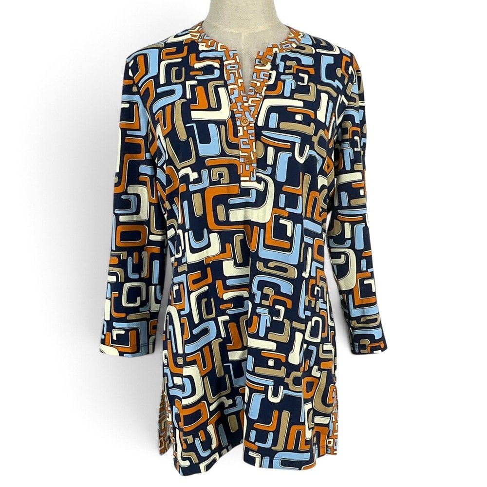 J.McLaughlin Catalina Cloth Geometric Tunic Top Navy Orange Retro Print M Boca